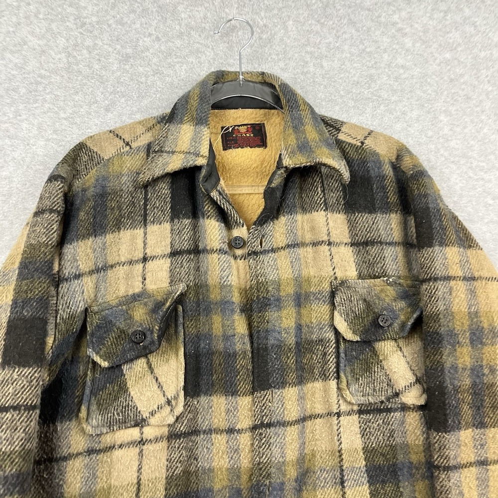 Mens Chase CPO Plaid Flannel Sherpa Lined Shirt Jacket Medium Wool 70s Green